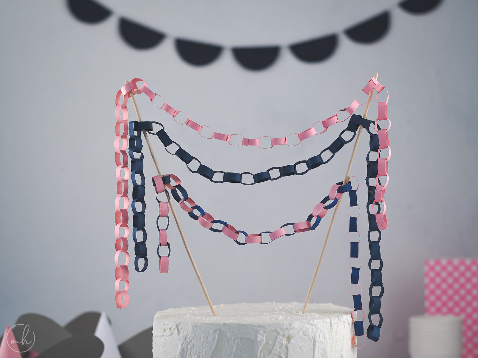 Close up shot- pink-blue paper chain cake topper on white cake with blue party banner behind