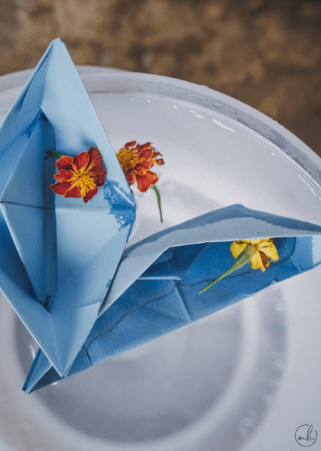 Kagazi: Two blue colour paper boats with flowers in it in water