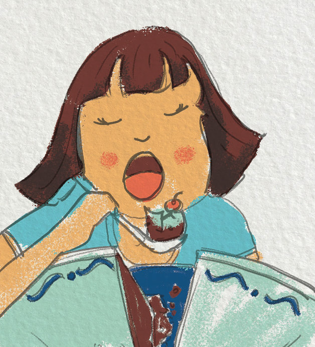 Relish: Watercolour illustration of a girl eating a cake using a spoon
