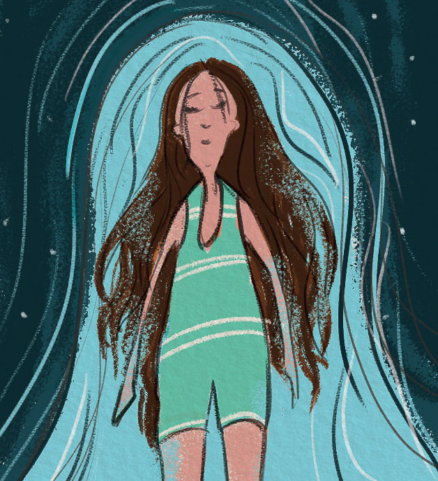 Illustration- A girl swimming hair floating behind her