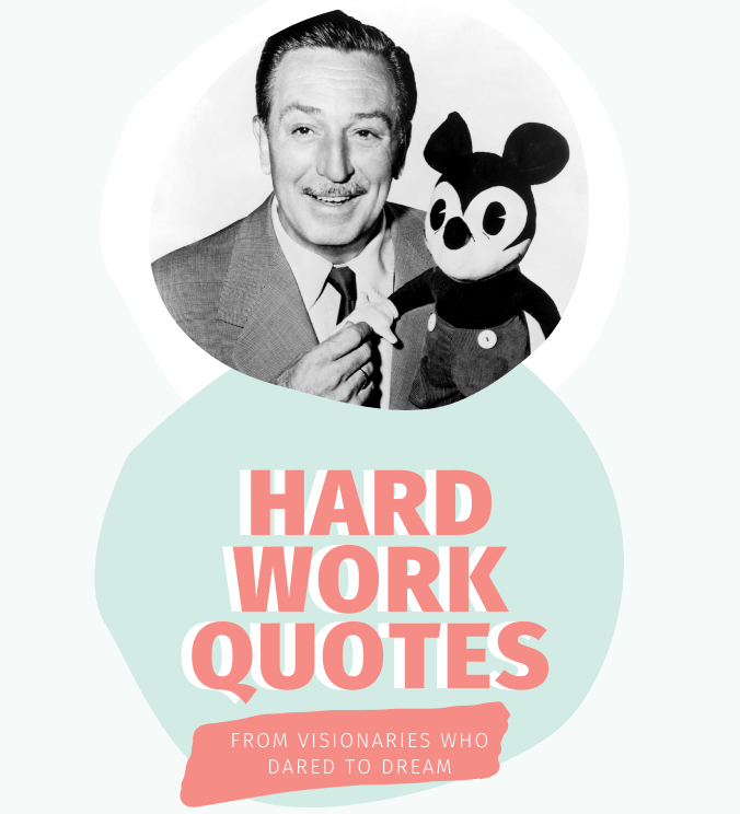 Hard Work Quotes - Teal, peach illustrations with black and white Walt Disney image