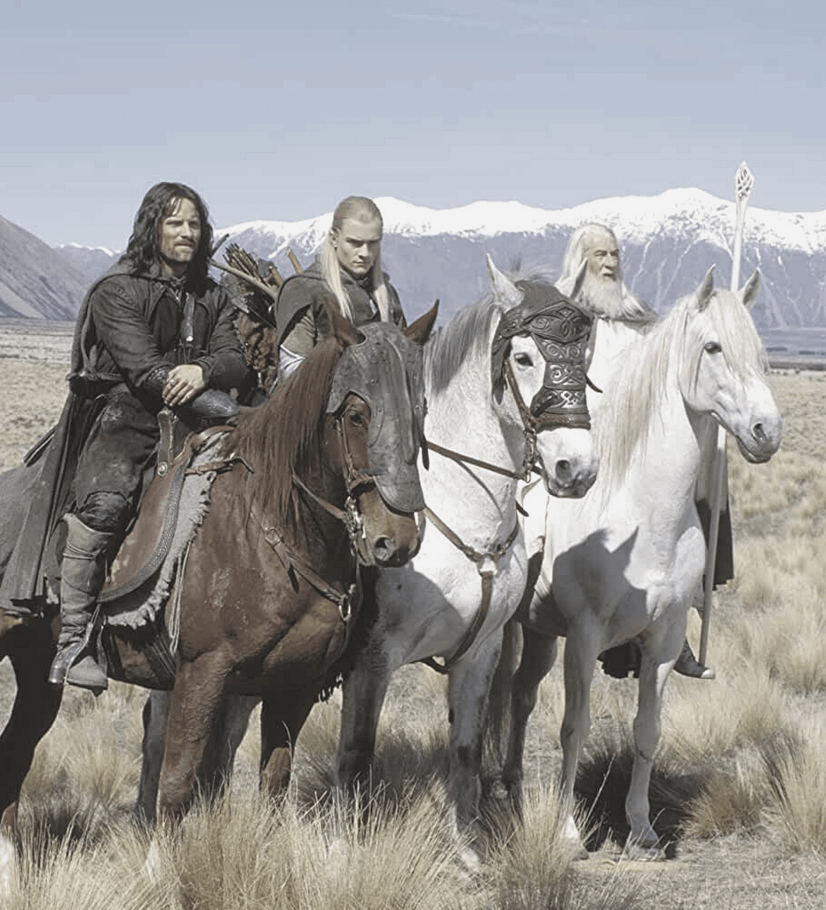 Lord of the Rings series: Viggo Mortensen, Orlando Bloom, Ian McKellen on horses. (Left to right)